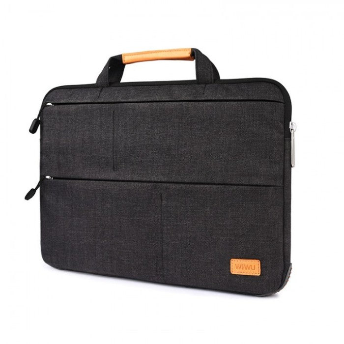 WiWU laptop sleeve case, black with brown handle. WiWU laptop sleeve case, black with brown handle.